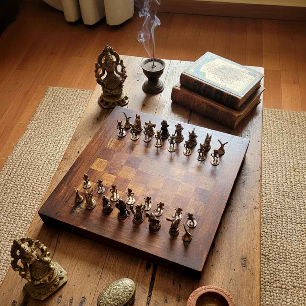 ♟️ A Game of Kings: Handcrafted Dokra Chess Set with Wooden Board - View 4