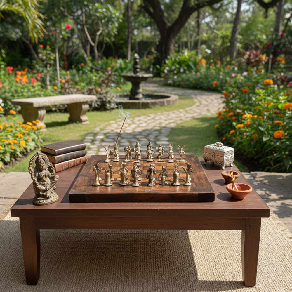 ♟️ A Game of Kings: Handcrafted Dokra Chess Set with Wooden Board - View 5