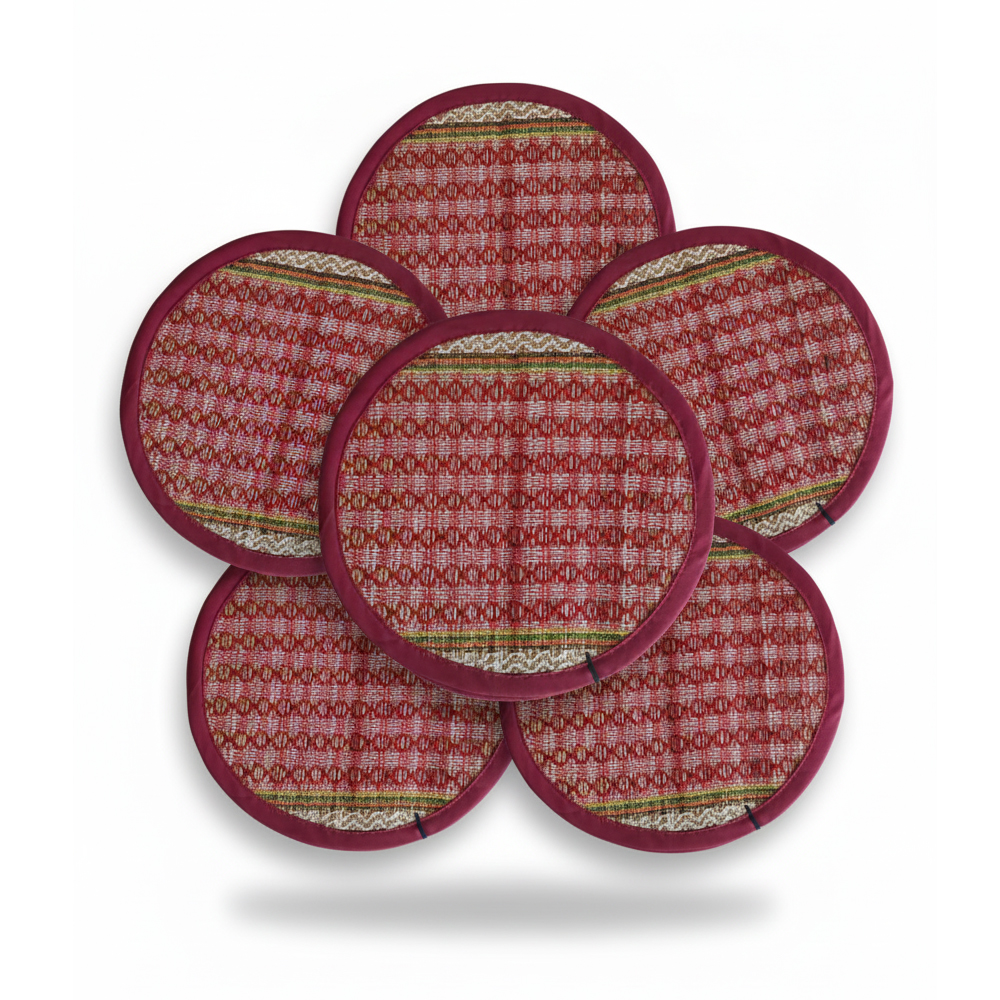 🍽️ Handcrafted Madurkathi Round Table Mats (Set of 6) (Earthy Red) (9 inches / 23 cm)