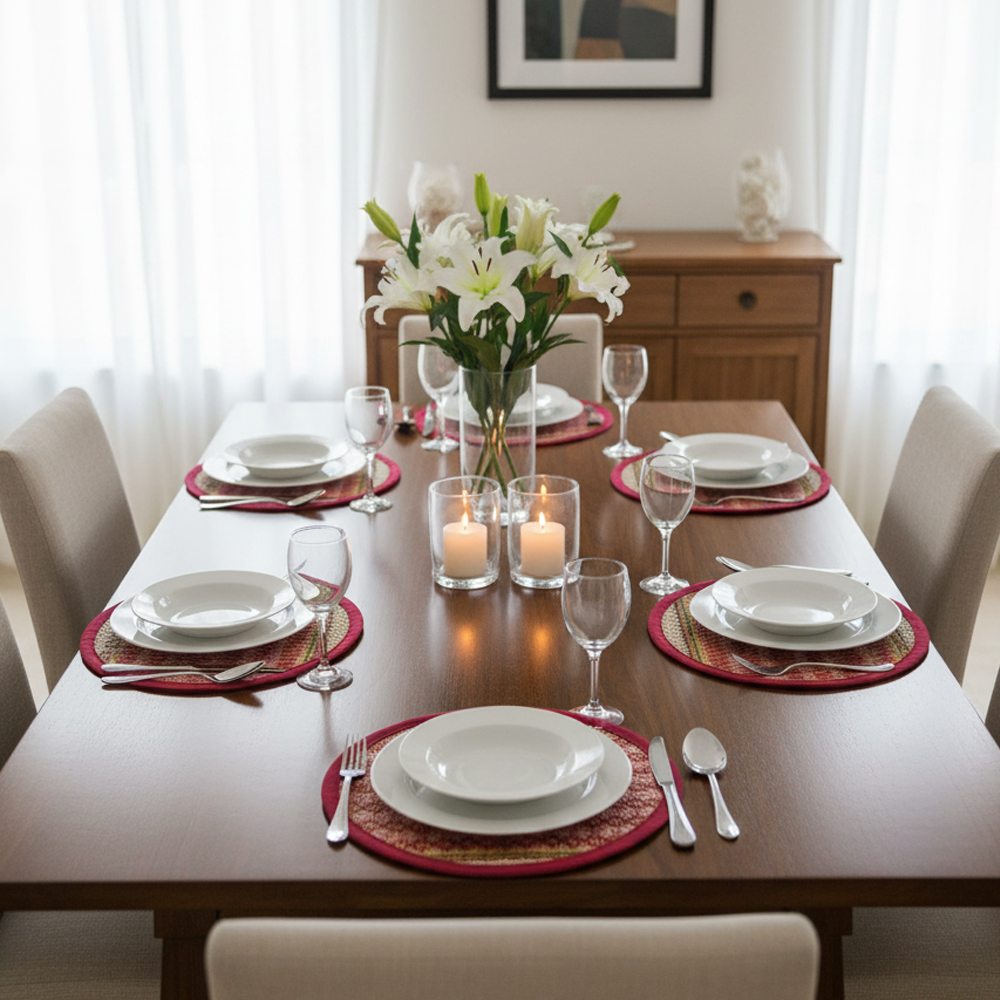 🍽️ Handcrafted Madurkathi Round Table Mats (Set of 6) (Earthy Red) (12 inches / 30 cm) - View 3