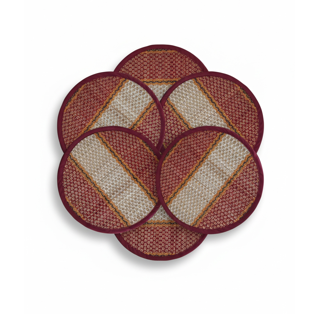 🌾 Artisan-Woven Madurkathi Round Table Mats (Set of 6) (3 band Horizontal Earthy Red) (9 inches / 23 cm)