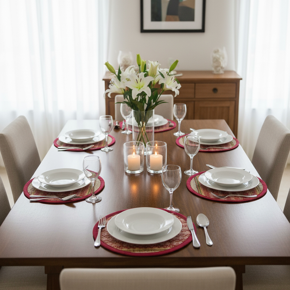 🌾 Artisan-Woven Madurkathi Round Table Mats (Set of 6) (3 band Horizontal Earthy Red) (9 inches / 23 cm) - View 3