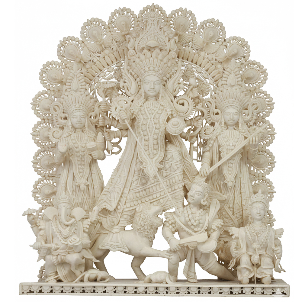 Ethereal "Herbal Ivory" – Handcrafted Sholapith Durga Mahishasuramardini Ensemble | 28 Inch x 22 Inch