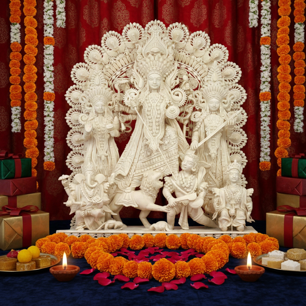 Ethereal "Herbal Ivory" – Handcrafted Sholapith Durga Mahishasuramardini Ensemble | 28 Inch x 22 Inch - View 2