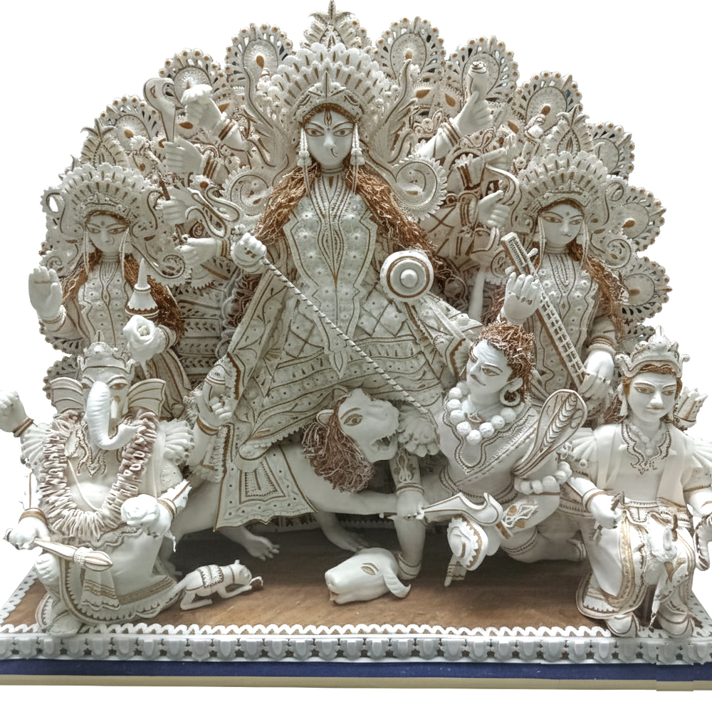 Hand Carved Sholapith Durga Statue with Gold Accents – White & Gold Indian Folk Art | 18 Inch x 12 Inch x 6 Inch