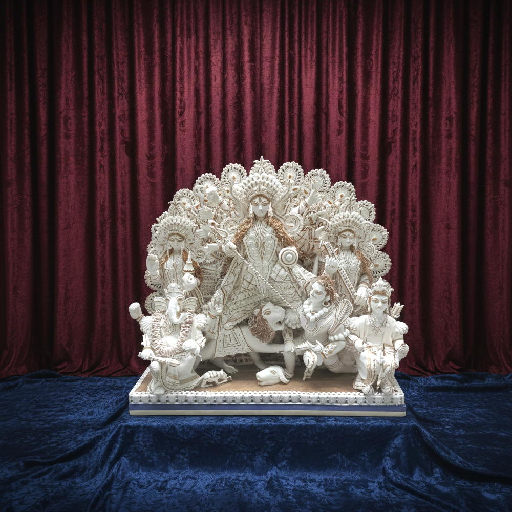 Hand Carved Sholapith Durga Statue with Gold Accents – White & Gold Indian Folk Art | 18 Inch x 12 Inch x 6 Inch - View 2