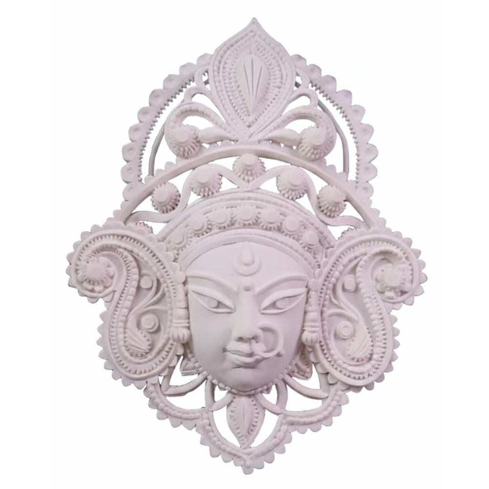 Hand Carved Sholapith Durga Devi Face Mask – White Indian Folk Art Wall Decor | 13 Inch x 12 Inch