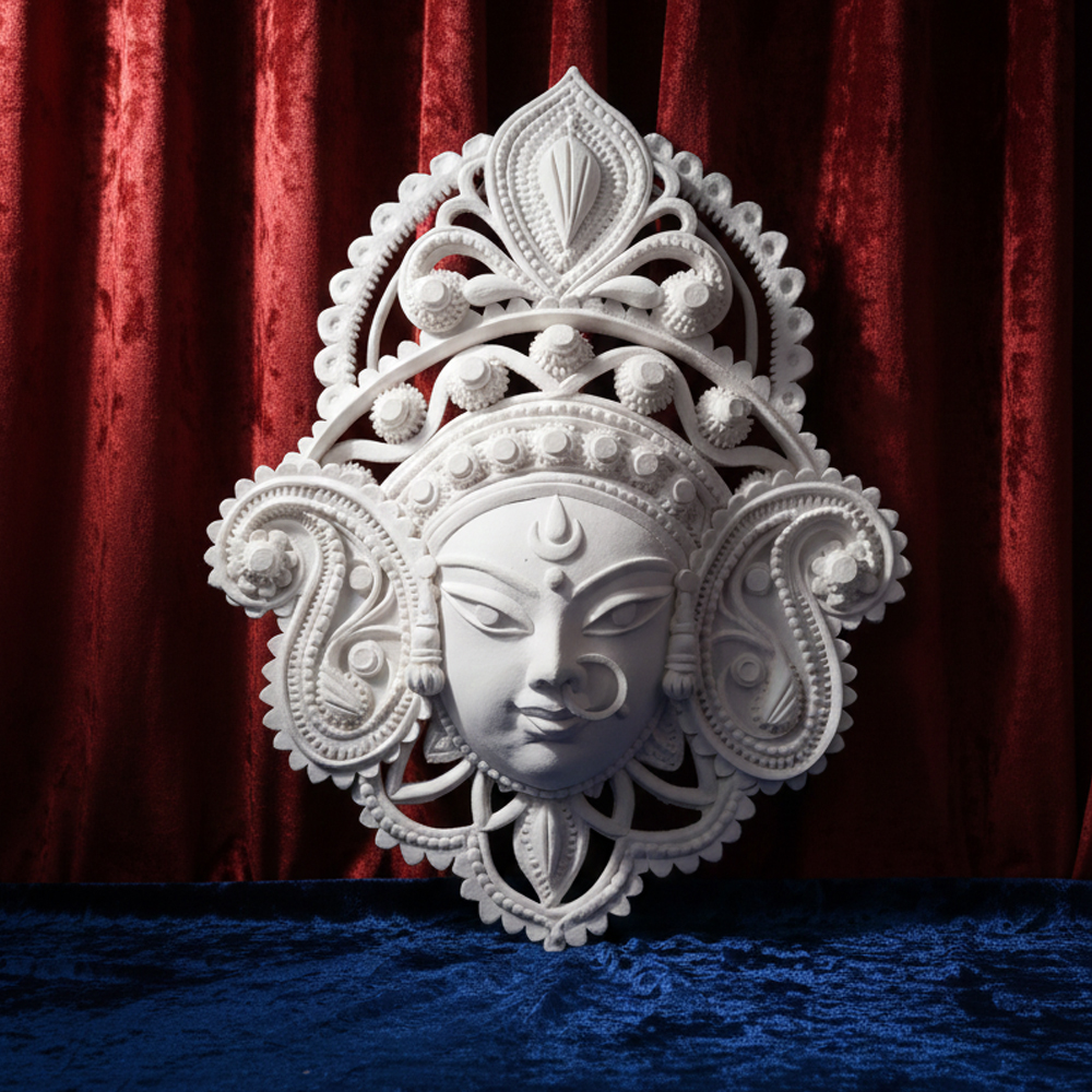 Hand Carved Sholapith Durga Devi Face Mask – White Indian Folk Art Wall Decor | 13 Inch x 12 Inch - View 2