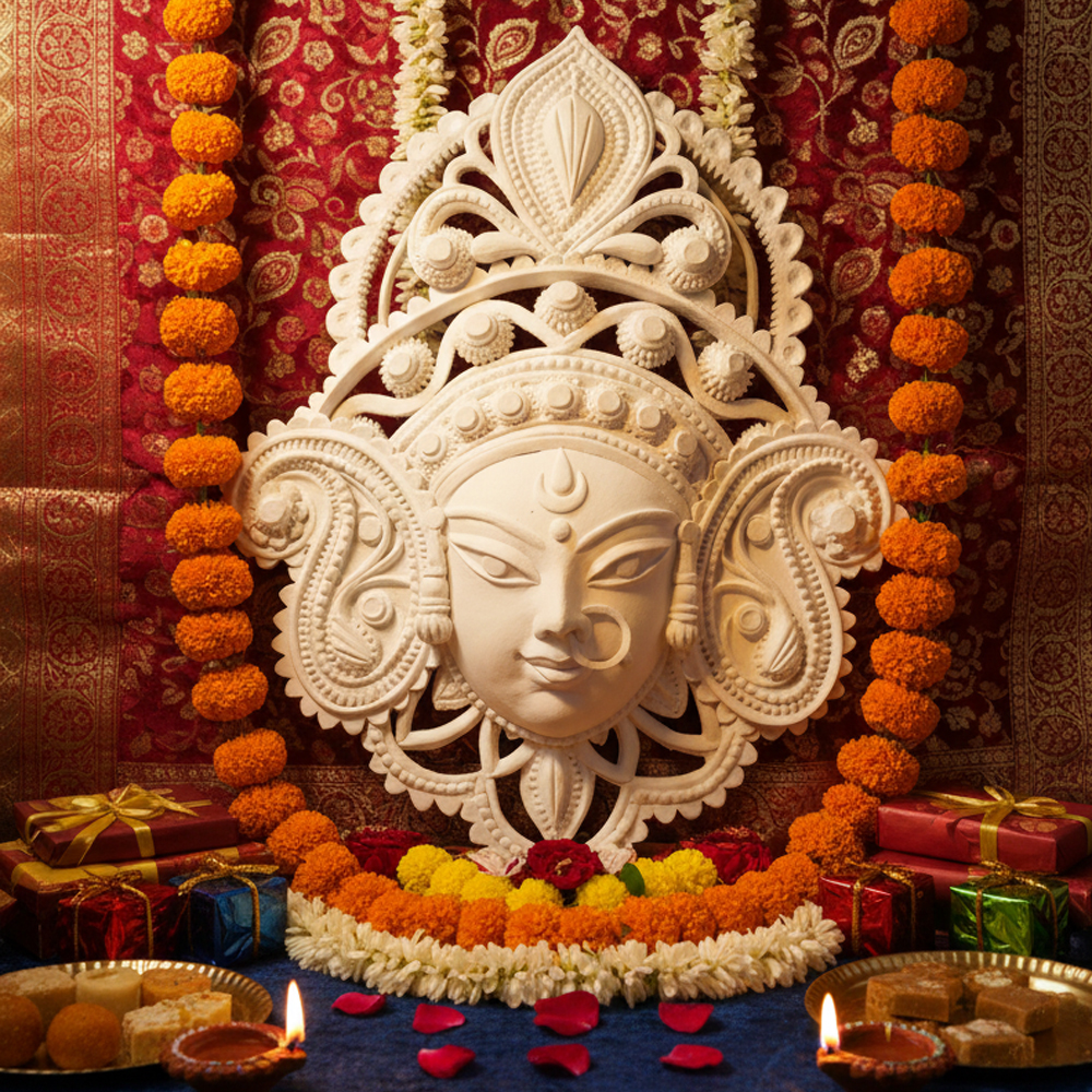 Hand Carved Sholapith Durga Devi Face Mask – White Indian Folk Art Wall Decor | 13 Inch x 12 Inch - View 3