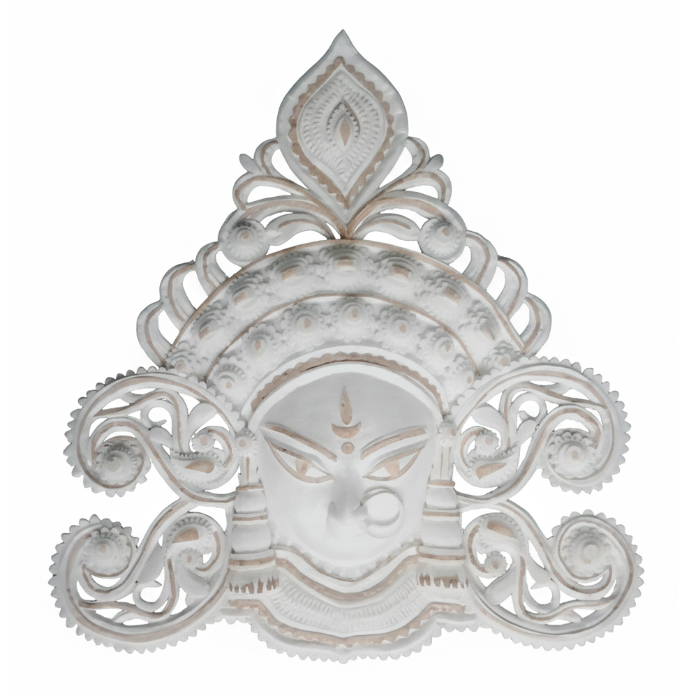 Hand Carved Sholapith Durga Devi Face Mask – White & Brown Indian Folk Art | 13 Inch x 12 Inch