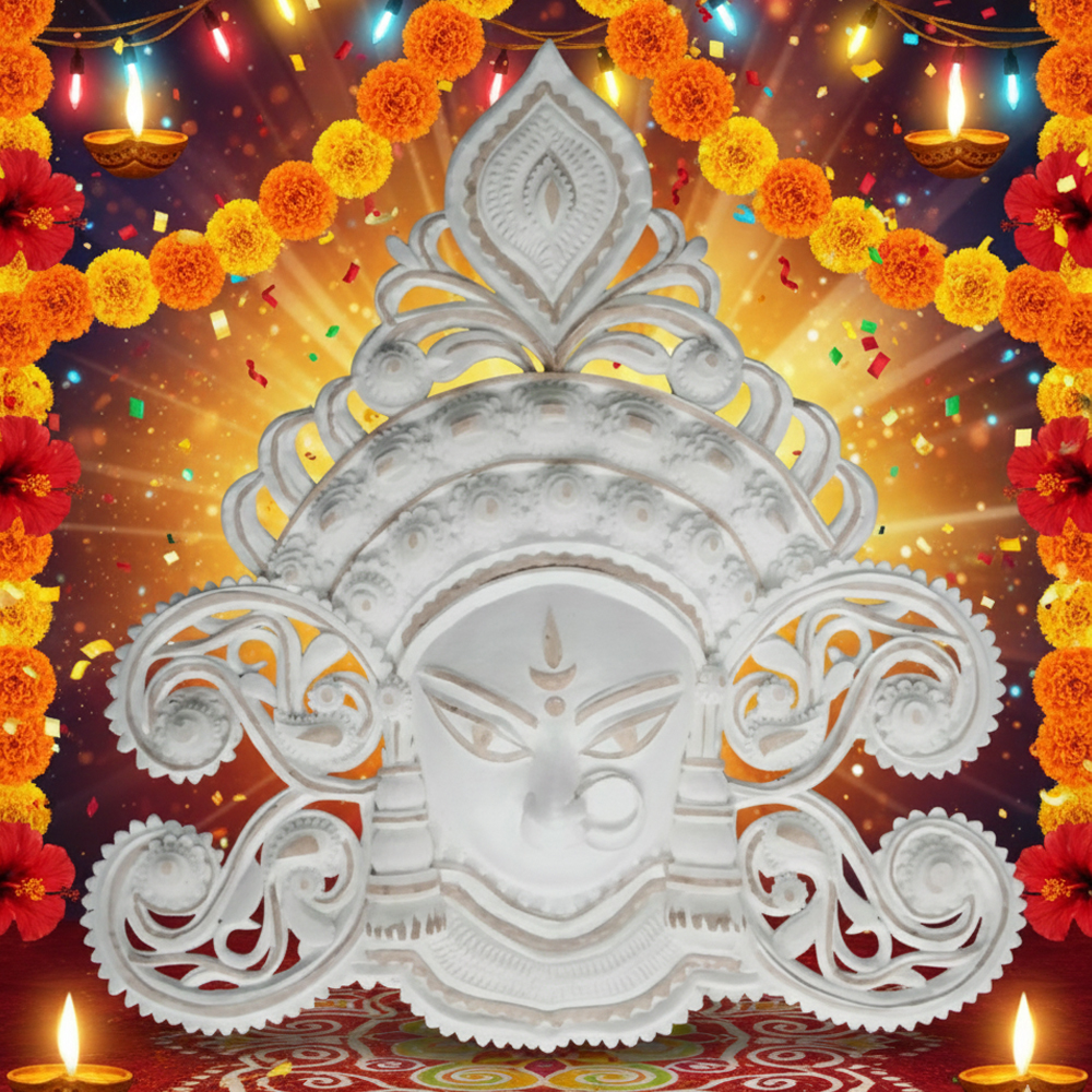 Hand Carved Sholapith Durga Devi Face Mask – White & Brown Indian Folk Art | 13 Inch x 12 Inch - View 2