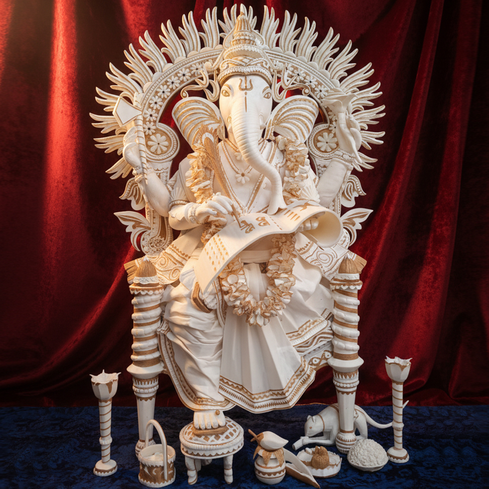 Hand Carved Sholapith Ganesha Idol Set – White & Gold Indian Folk Art | 18 Inch x 12 Inch - View 2