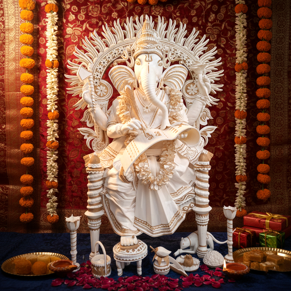 Hand Carved Sholapith Ganesha Idol Set – White & Gold Indian Folk Art | 18 Inch x 12 Inch - View 3