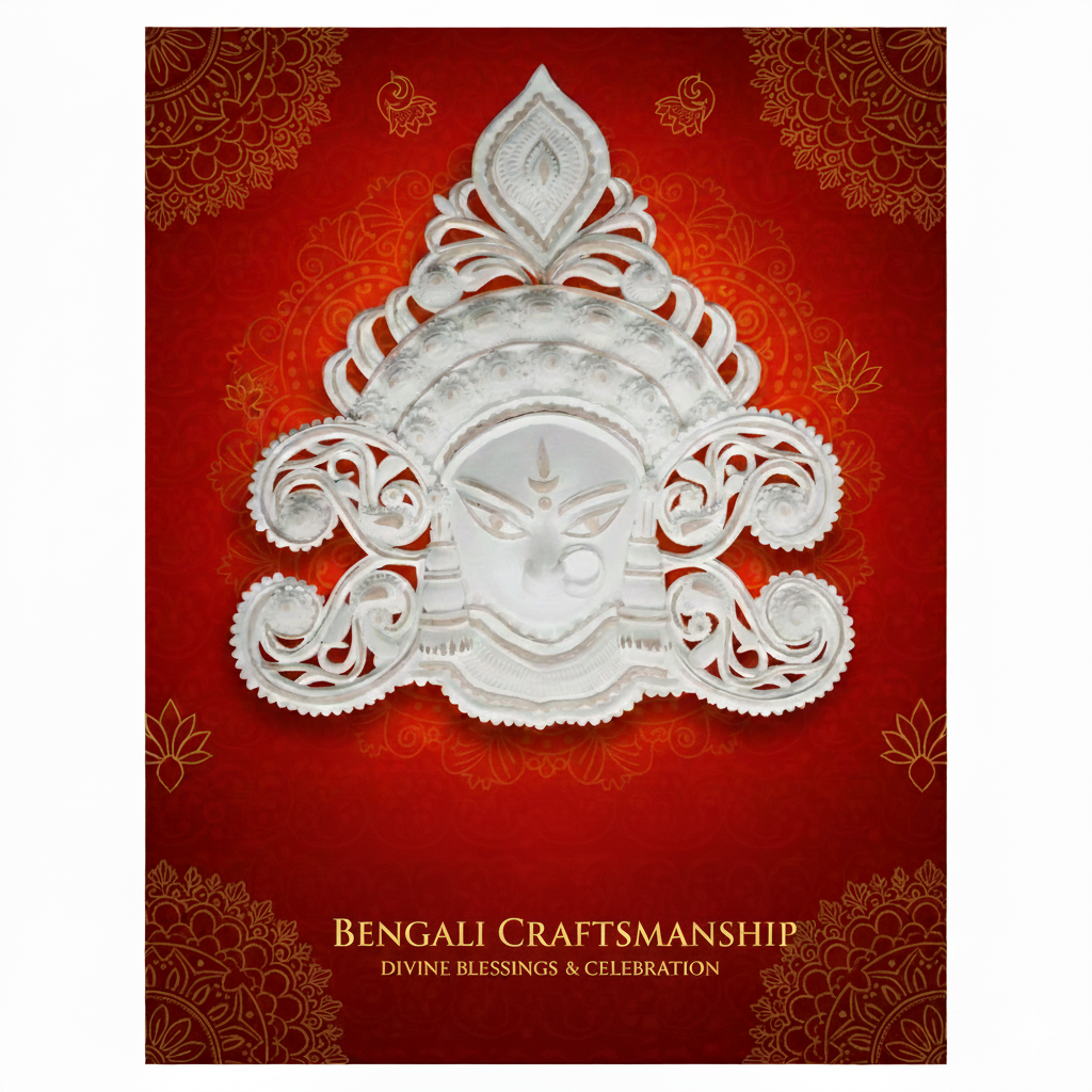 Hand Carved Sholapith Durga Devi Face Mask – White & Brown Indian Folk Art | 13 Inch x 12 Inch - View 3