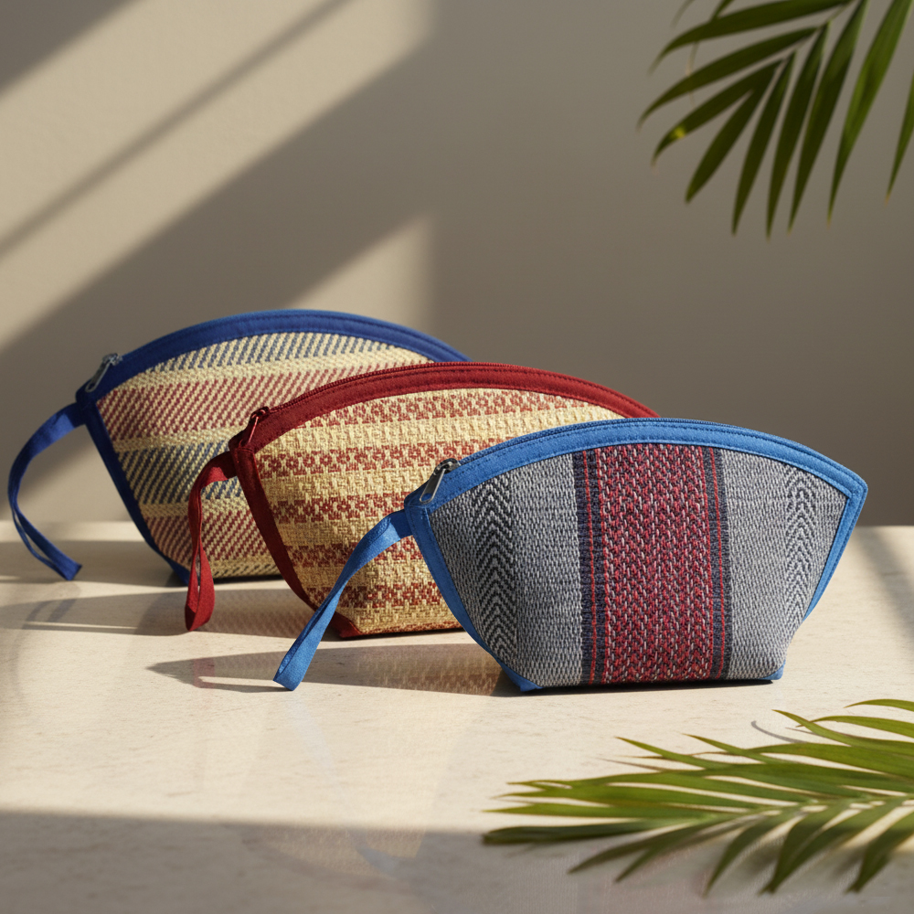 🎨 Set of 3 Handwoven Madurkati Zip Pouches - Travel & Cosmetic Organizers | 10 Inch x 7 Inch - View 5