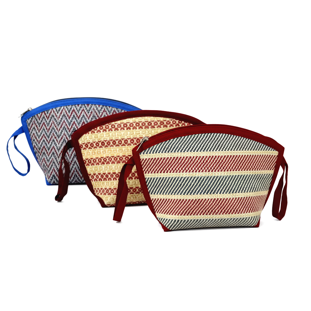 Set of 3 Handwoven Madurkati Zip Pouches - Travel & Cosmetic Organizers | 10 Inch x 4.5 Inch