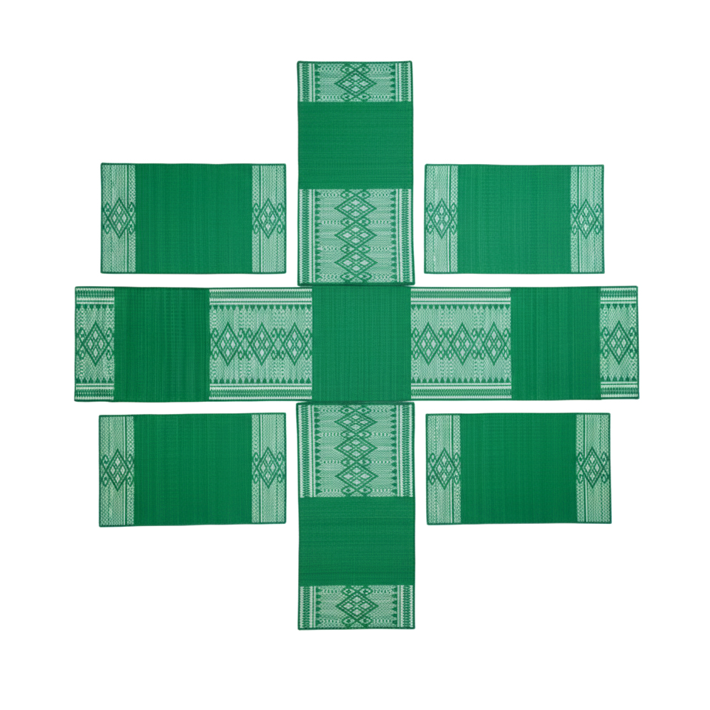 🍽️ Solid Green 7-Piece Masland Style Woven Dining Set - Runner & 6 Place Mats 