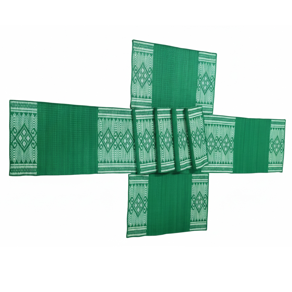 🍽️ Solid Green 7-Piece Masland Style Woven Dining Set - Runner & 6 Place Mats  - View 2