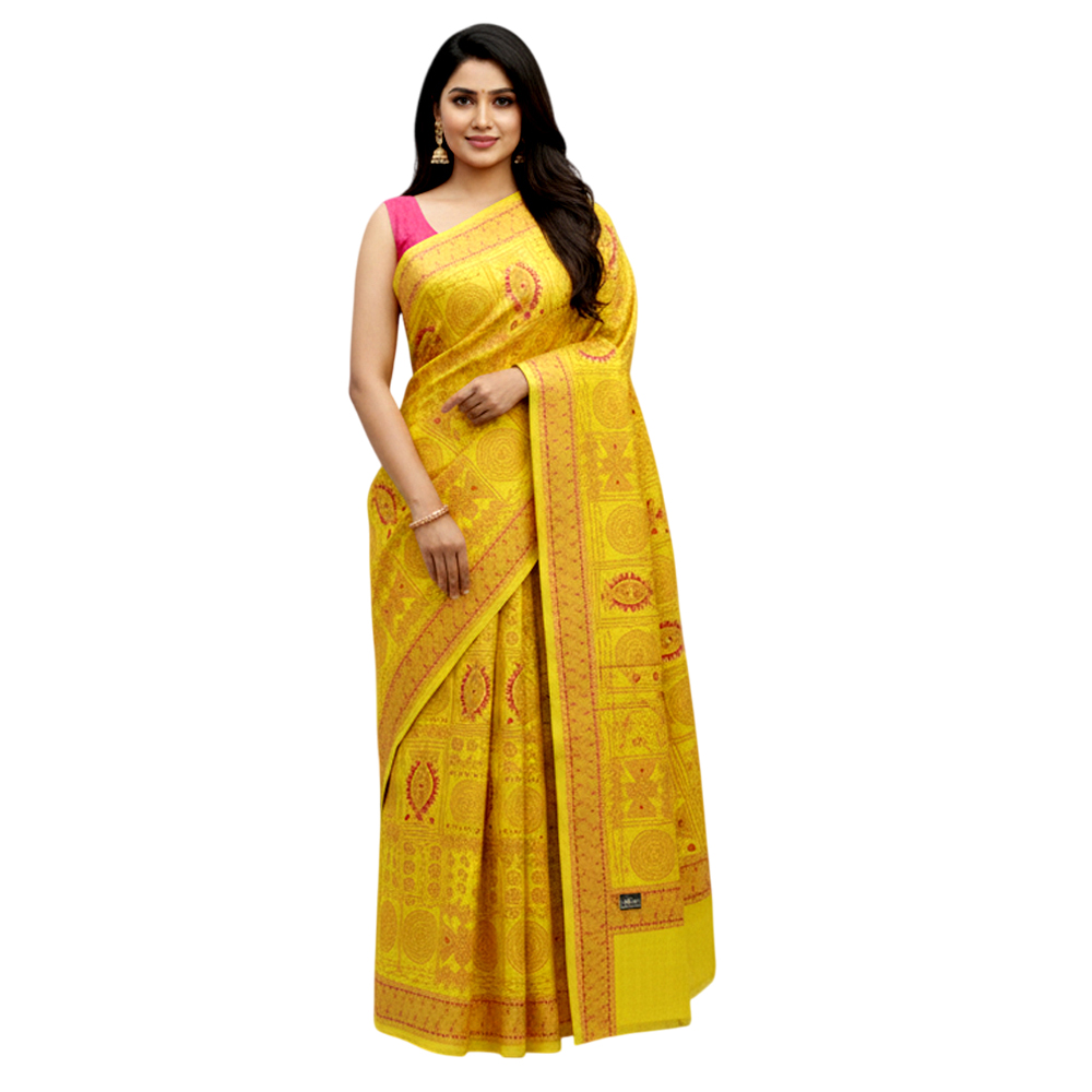 Hand-Stitched Legacy: Santiniketan Kantha Tussar Saree in Soft Mustard