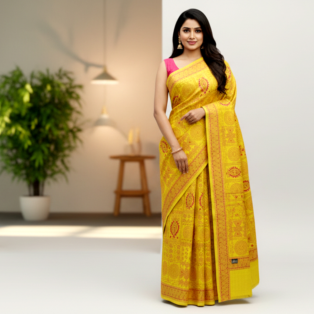 Hand-Stitched Legacy: Santiniketan Kantha Tussar Saree in Soft Mustard - View 2