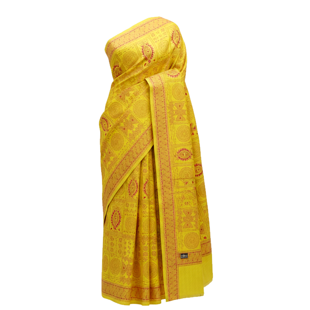 Hand-Stitched Legacy: Santiniketan Kantha Tussar Saree in Soft Mustard - View 3