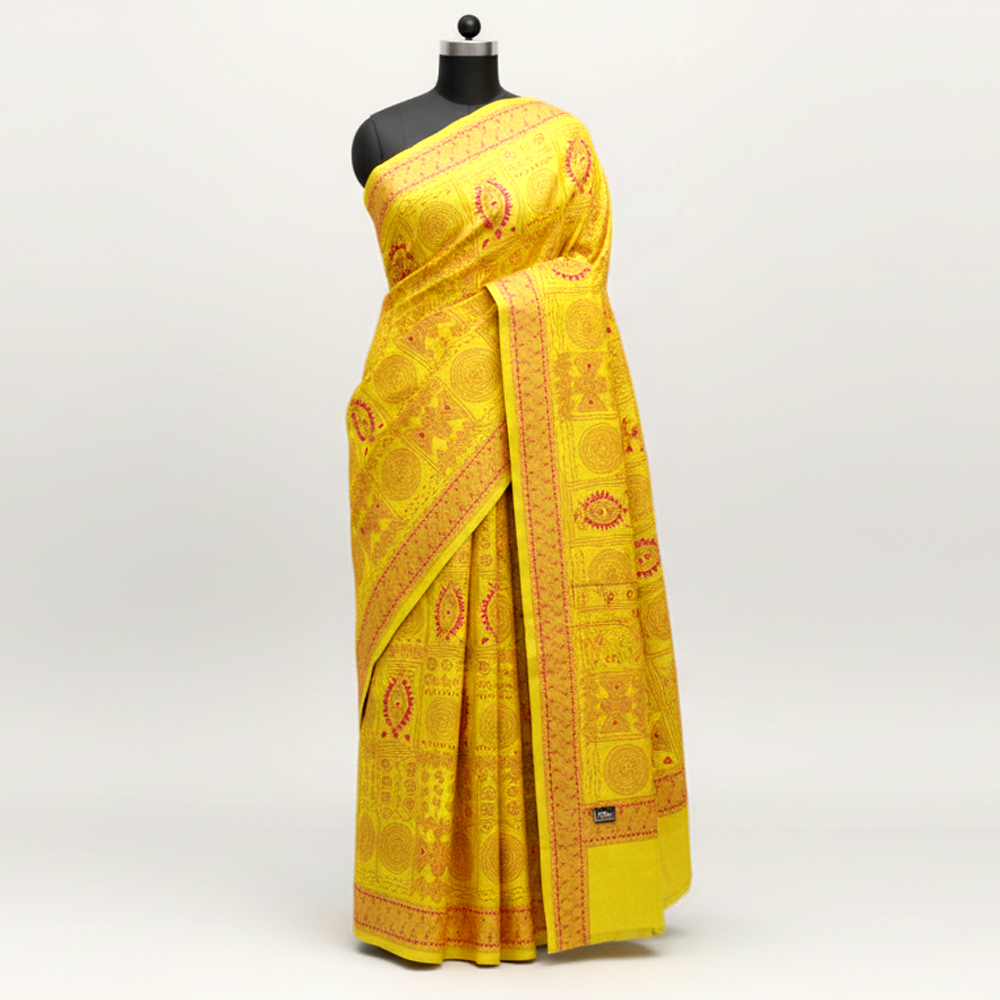 Hand-Stitched Legacy: Santiniketan Kantha Tussar Saree in Soft Mustard - View 4