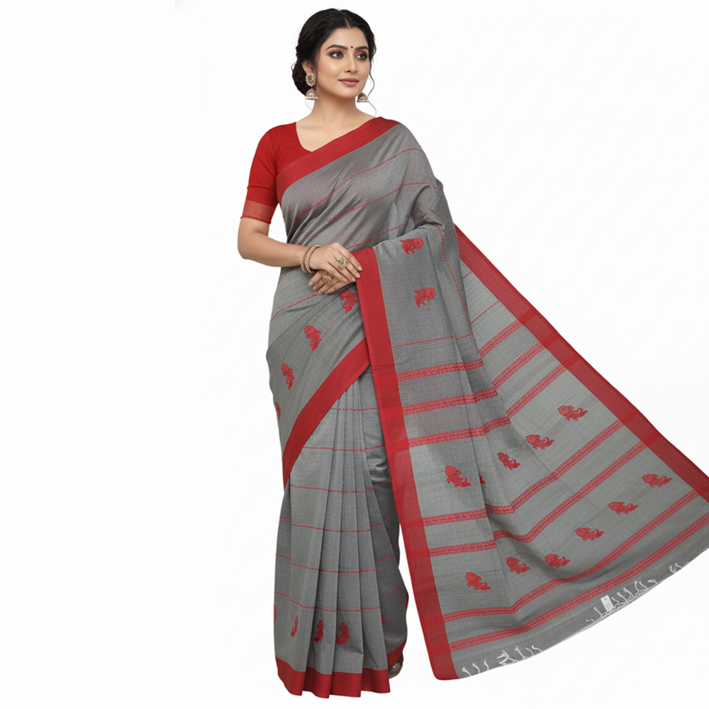 Stylish Women Mercerized Cotton Fish Chain Saree (101 count) with Blouse Piece - Grey & Red (100% Cotton)