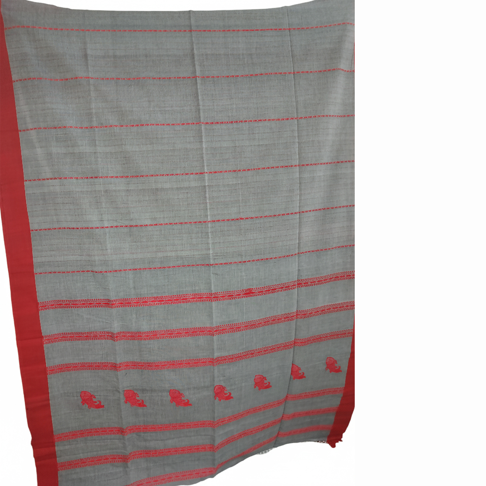 Stylish Women Mercerized Cotton Fish Chain Saree (101 count) with Blouse Piece - Grey & Red (100% Cotton) - View 2