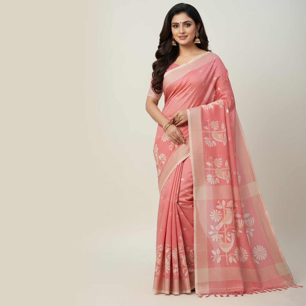 🌸 Handcrafted Beauty: 100% Pure Cotton Molmol Jamdani Saree (Coral Pink) with Blouse piece