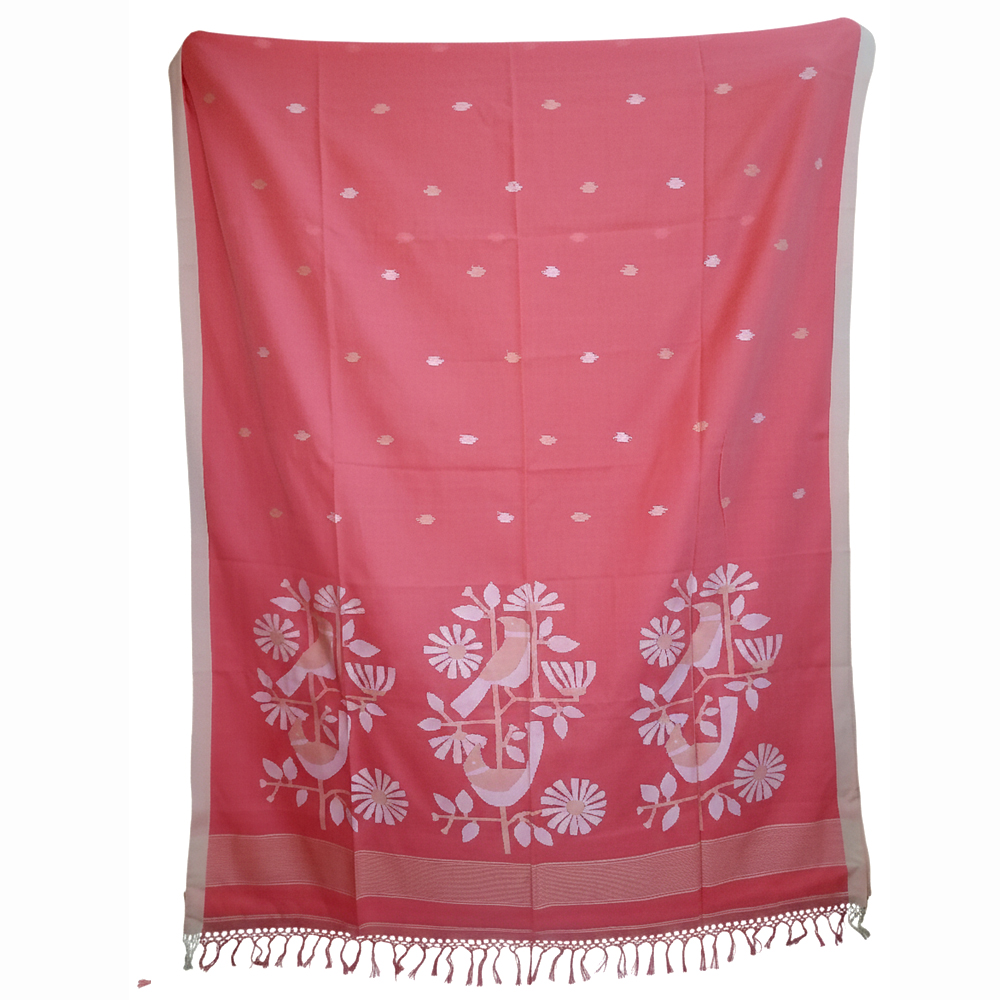🌸 Handcrafted Beauty: 100% Pure Cotton Molmol Jamdani Saree (Coral Pink) with Blouse piece - View 3