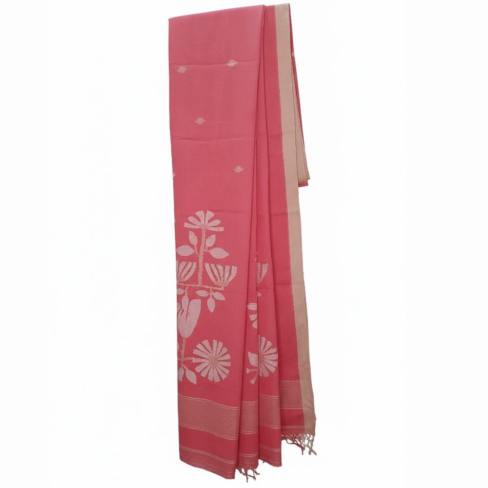 🌸 Handcrafted Beauty: 100% Pure Cotton Molmol Jamdani Saree (Coral Pink) with Blouse piece - View 4