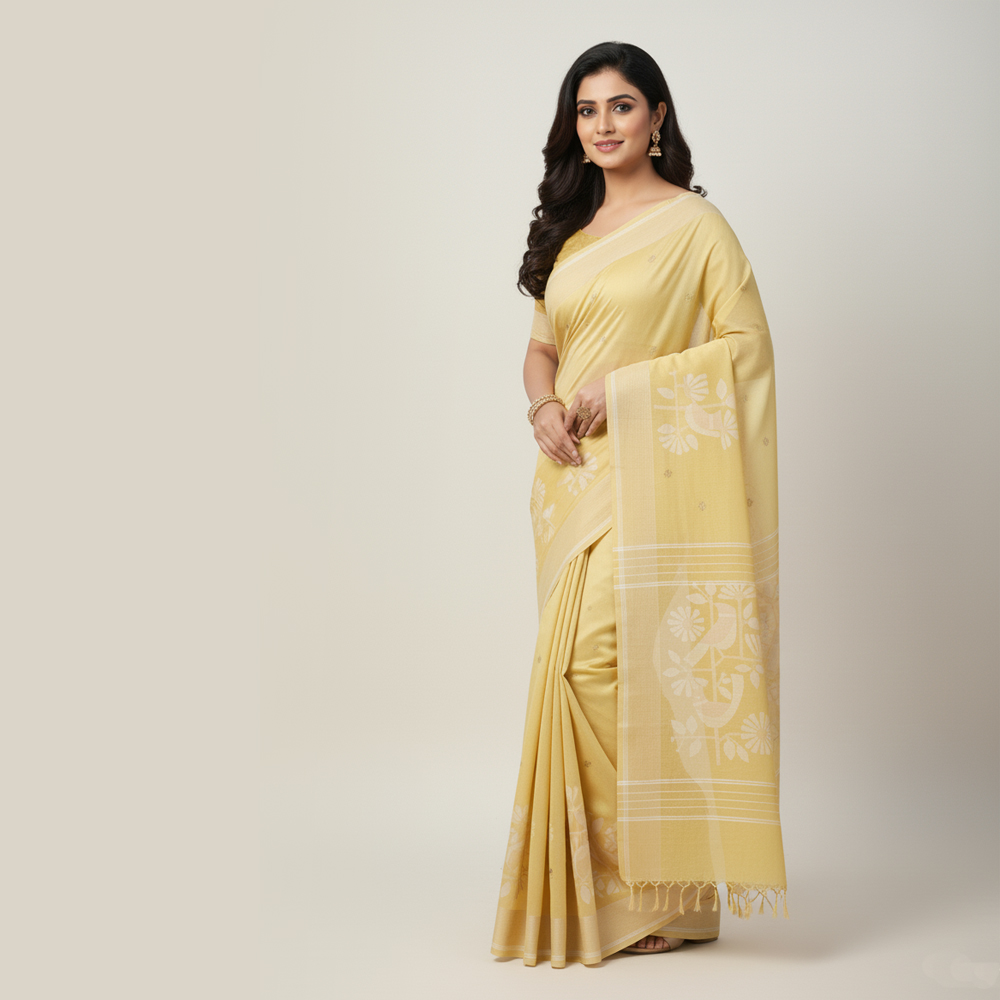💛 Sunny Sophistication: 100% Pure Cotton Molmol Jamdani Saree (Light Yellow) with Blouse piece