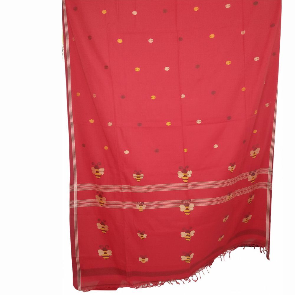 💖 Red Handloom Molmol Jamdani Saree (100% Pure Cotton) with Blouse Piece - View 2