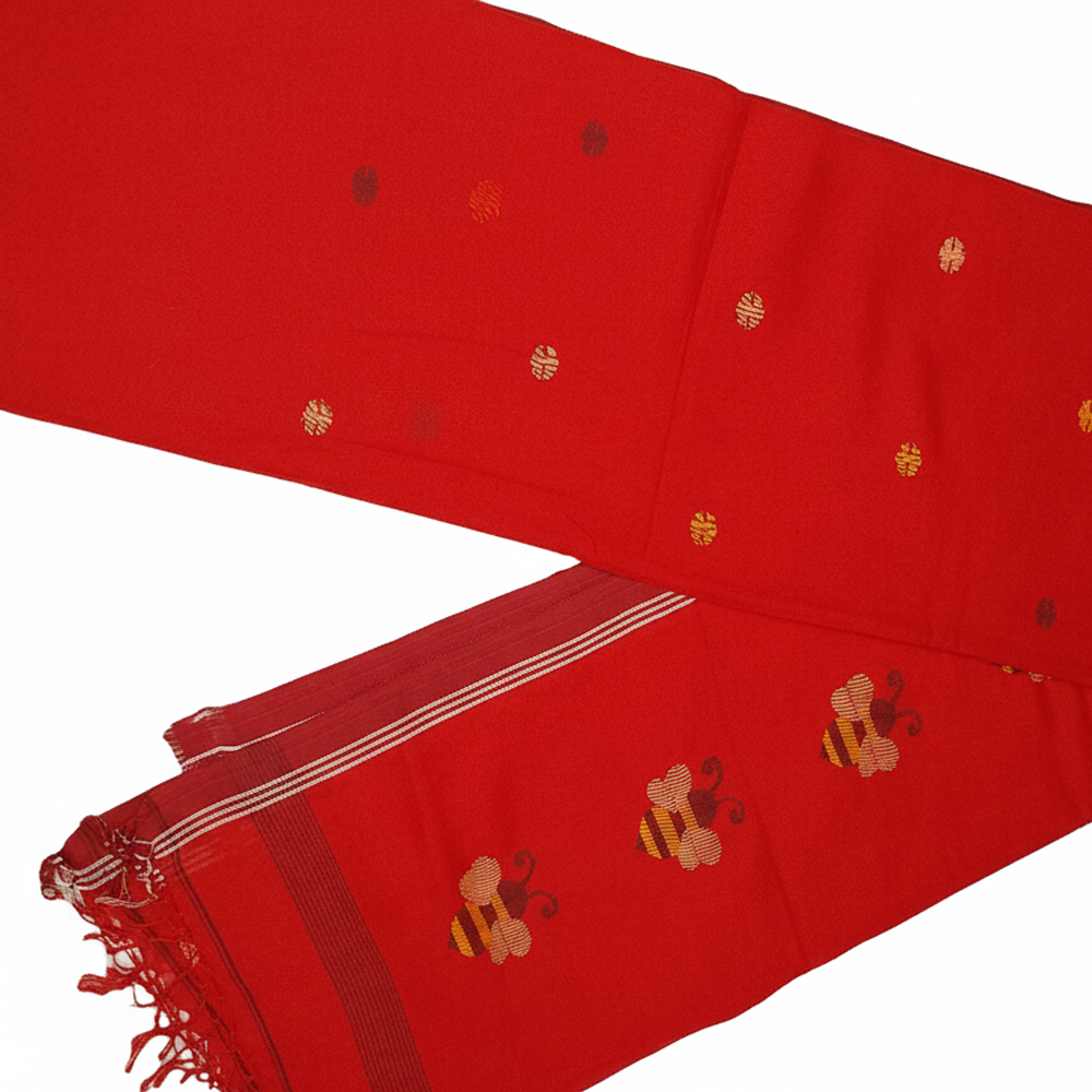 💖 Red Handloom Molmol Jamdani Saree (100% Pure Cotton) with Blouse Piece - View 4