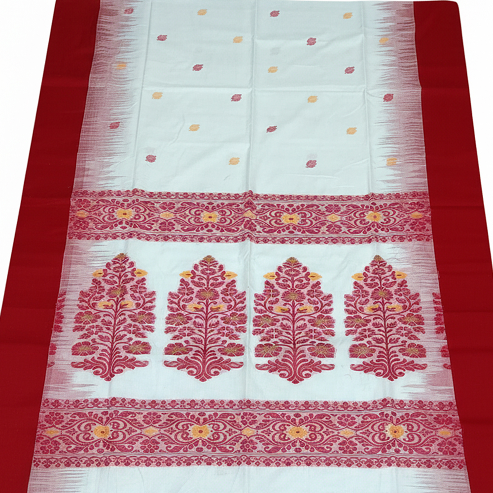 🌟 The Heritage 'Ikkat Buti' Handloom Saree in White and Red | 100% Pure Cotton - View 2