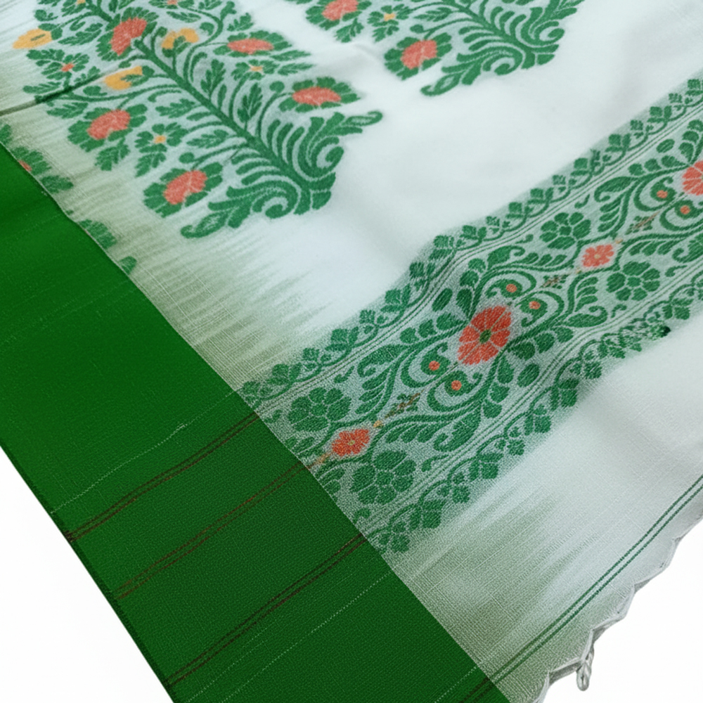 🌿 The Grand 'Ikkat Buti' Saree (White & Green) | 100% Pure Cotton - View 2
