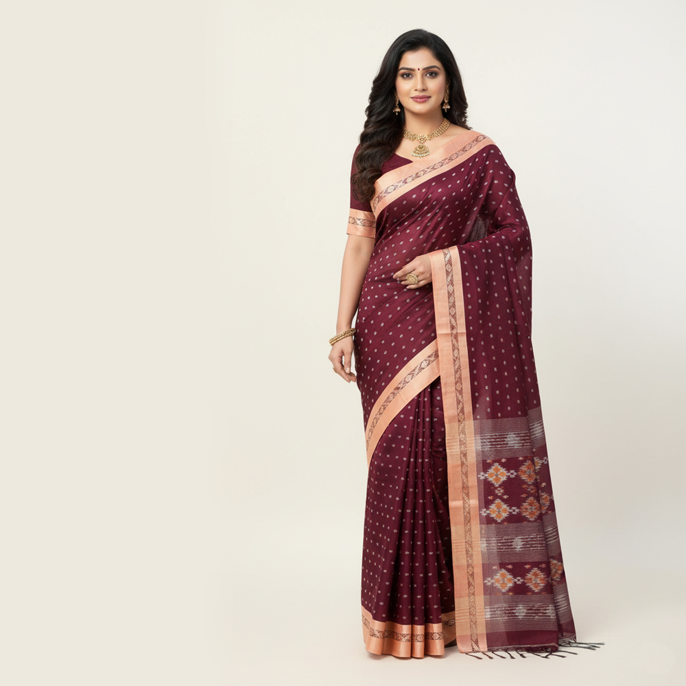 🍇 The Royal Ikkat Buti Saree in Regal Plum with Peach Contrast Border | 100% Pure Cotton