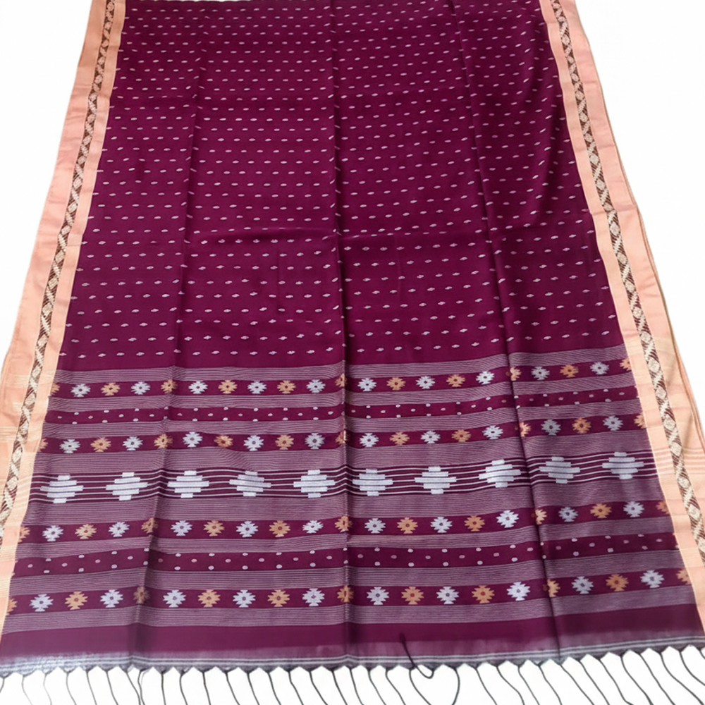 🍇 The Royal Ikkat Buti Saree in Regal Plum with Peach Contrast Border | 100% Pure Cotton - View 2