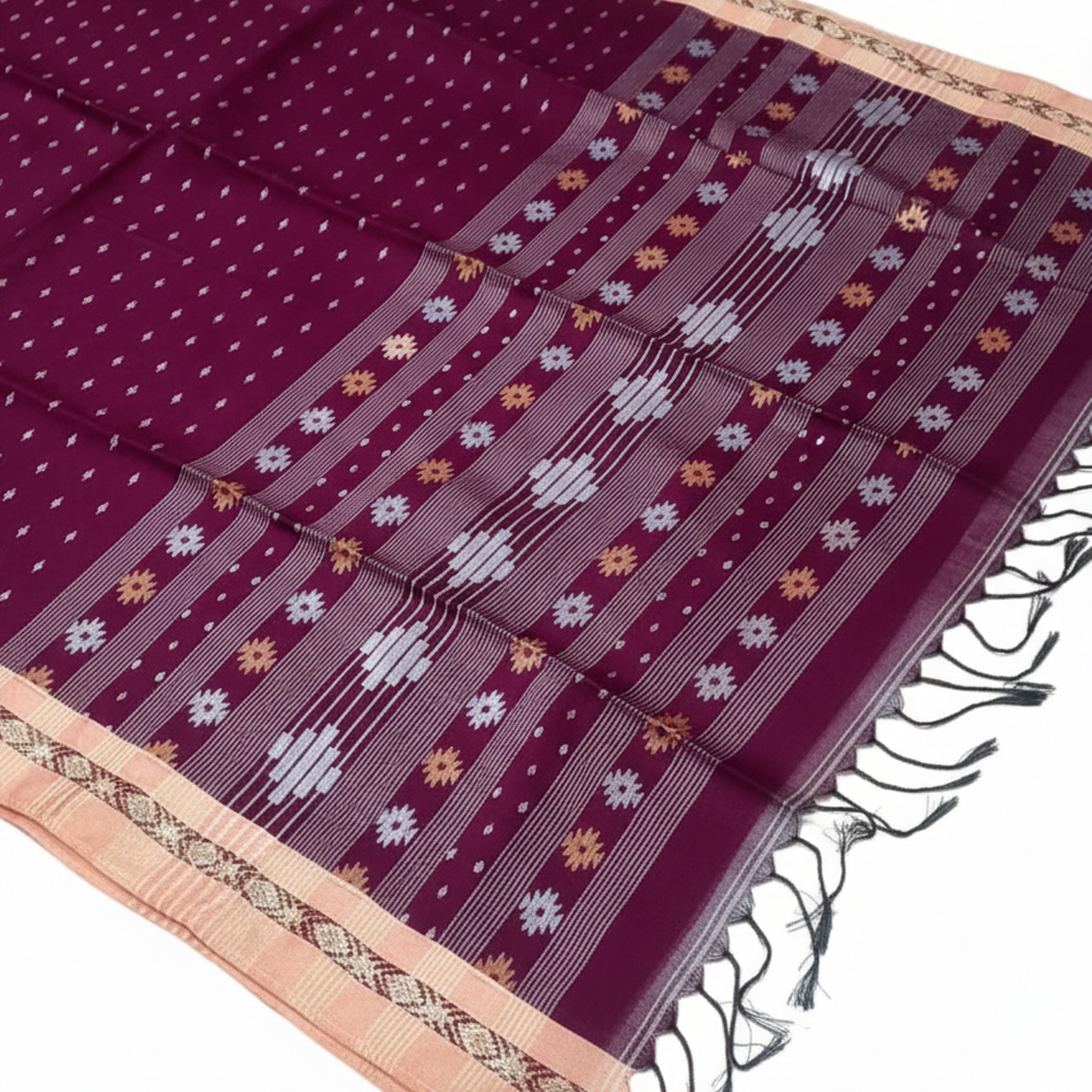 🍇 The Royal Ikkat Buti Saree in Regal Plum with Peach Contrast Border | 100% Pure Cotton - View 3