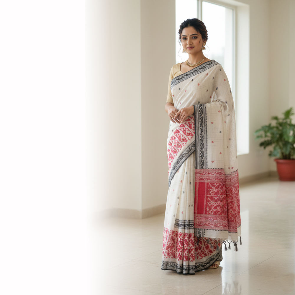 [Off-White & Red] Pure Handloom Cotton Saree | Traditional Woven Buti Design with Contrast Temple Border & Blouse Piece