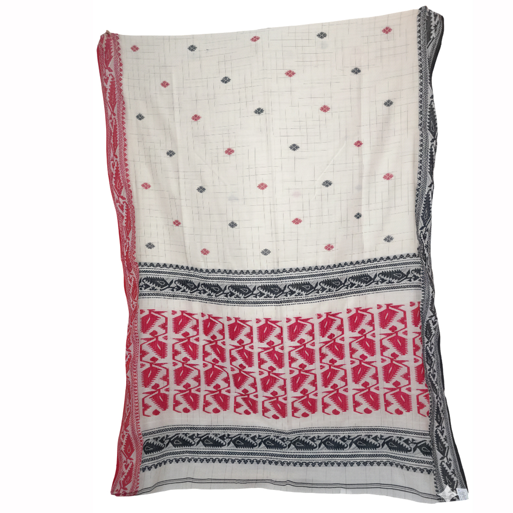 [Off-White & Red] Pure Handloom Cotton Saree | Traditional Woven Buti Design with Contrast Temple Border & Blouse Piece - View 2