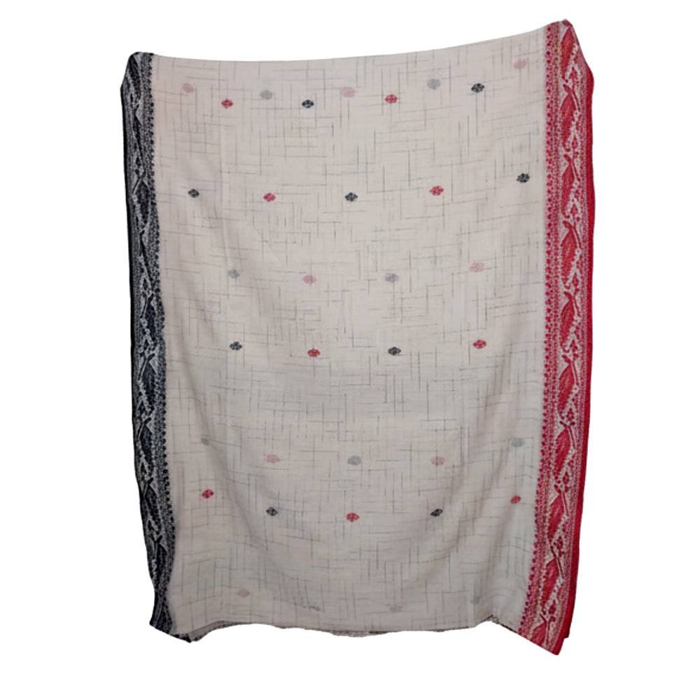 [Off-White & Red] Pure Handloom Cotton Saree | Traditional Woven Buti Design with Contrast Temple Border & Blouse Piece - View 3