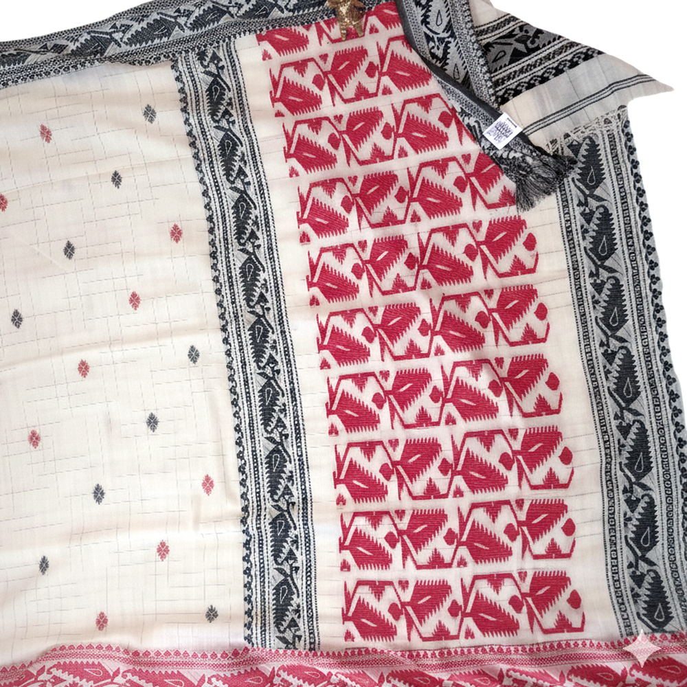 [Off-White & Red] Pure Handloom Cotton Saree | Traditional Woven Buti Design with Contrast Temple Border & Blouse Piece - View 4