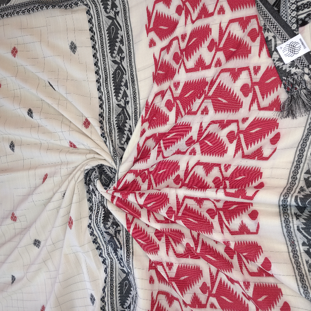 [Off-White & Red] Pure Handloom Cotton Saree | Traditional Woven Buti Design with Contrast Temple Border & Blouse Piece - View 5