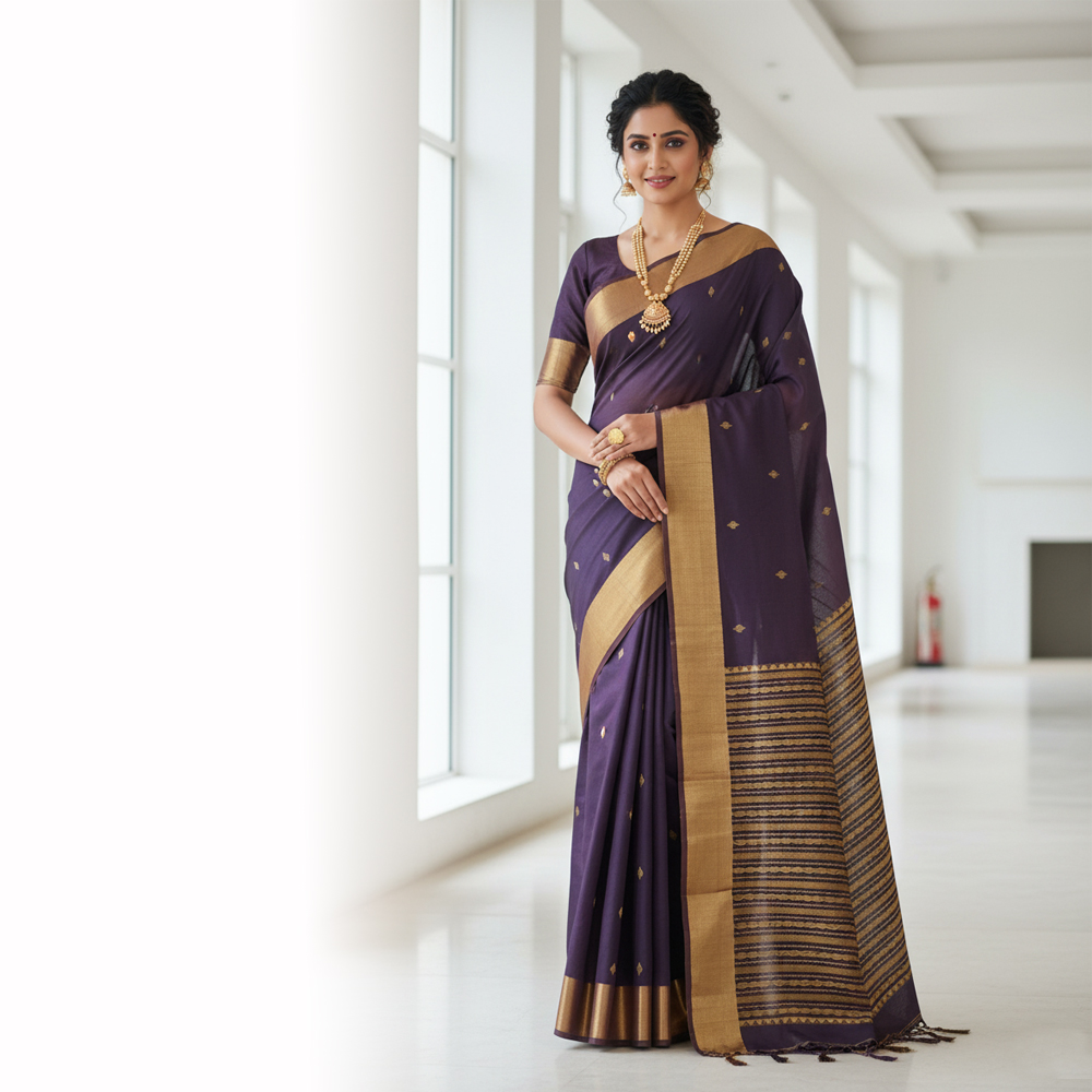 💜 Luxurious Deep Purple & Gold Handloom Cotton Saree & Blouse Piece 💛