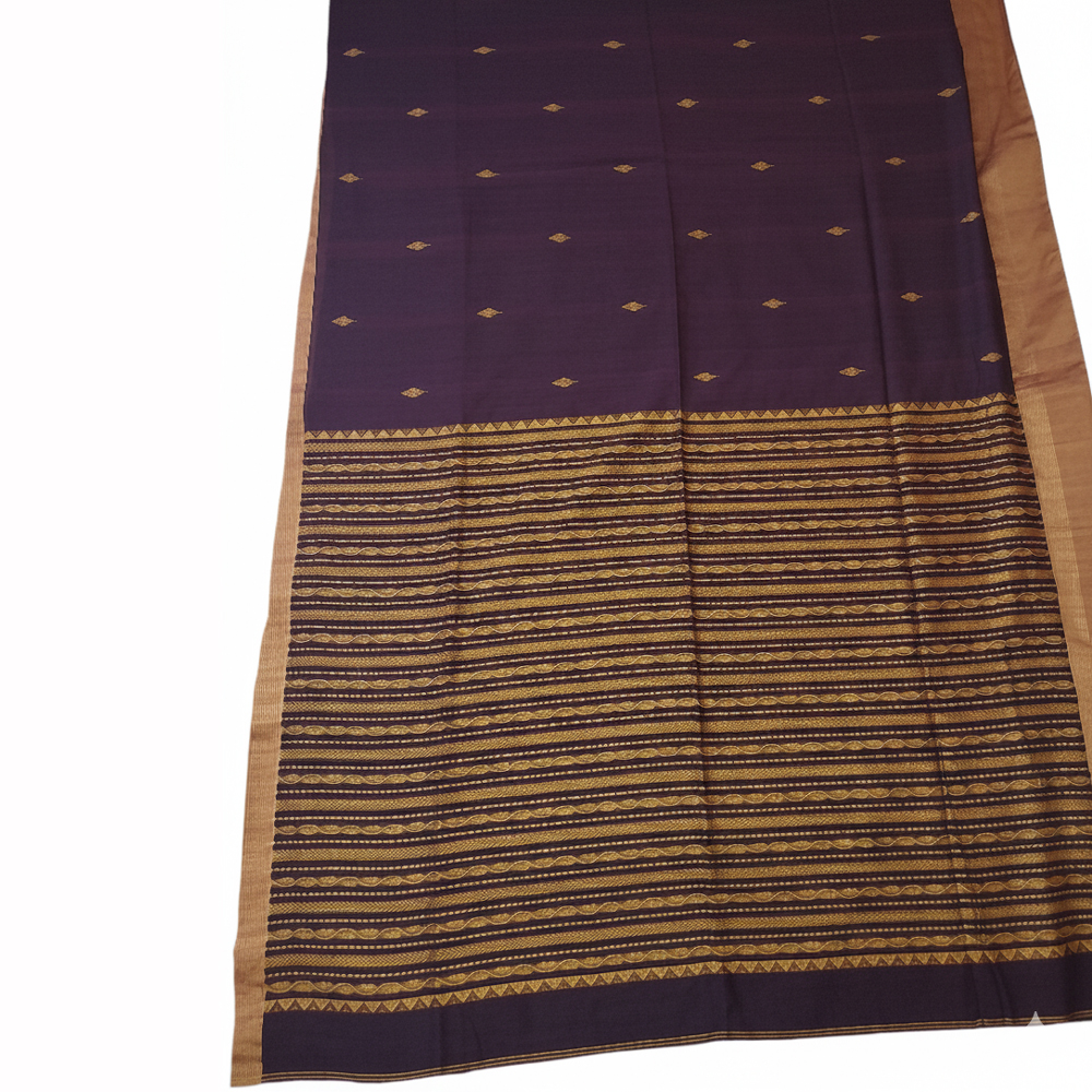 💜 Luxurious Deep Purple & Gold Handloom Cotton Saree & Blouse Piece 💛 - View 3
