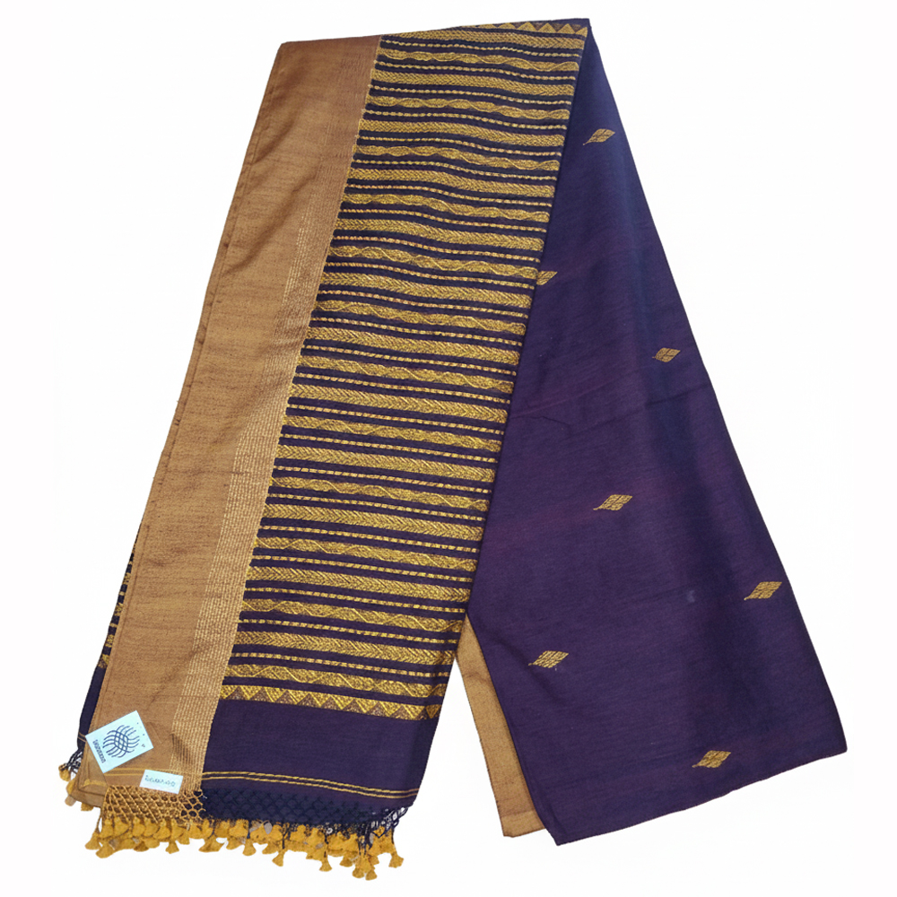 💜 Luxurious Deep Purple & Gold Handloom Cotton Saree & Blouse Piece 💛 - View 4