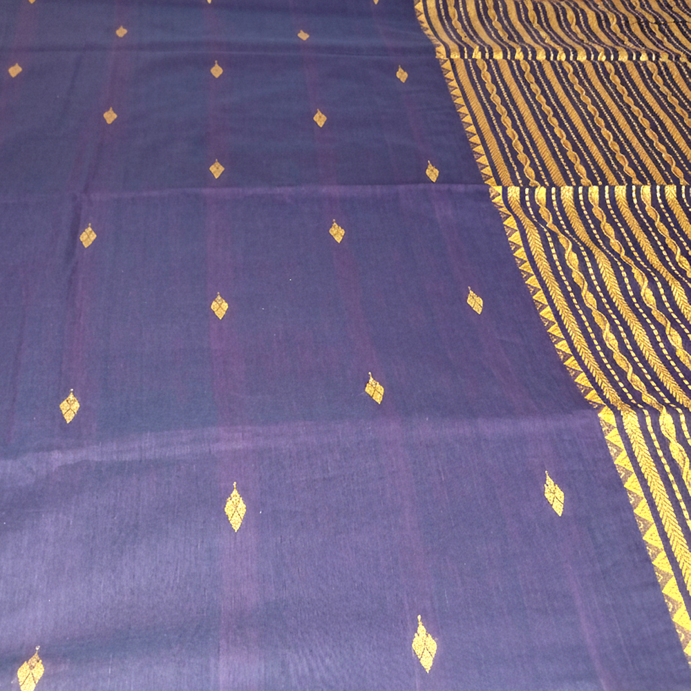 💜 Luxurious Deep Purple & Gold Handloom Cotton Saree & Blouse Piece 💛 - View 5