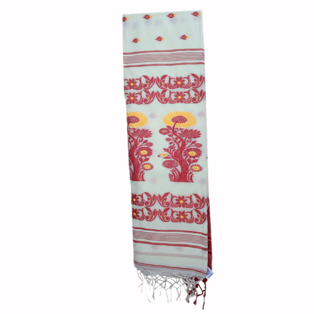 💖 Elegant Pristine White & Red Handloom Cotton Jamdani Saree & Blouse Piece 💖 - View 4