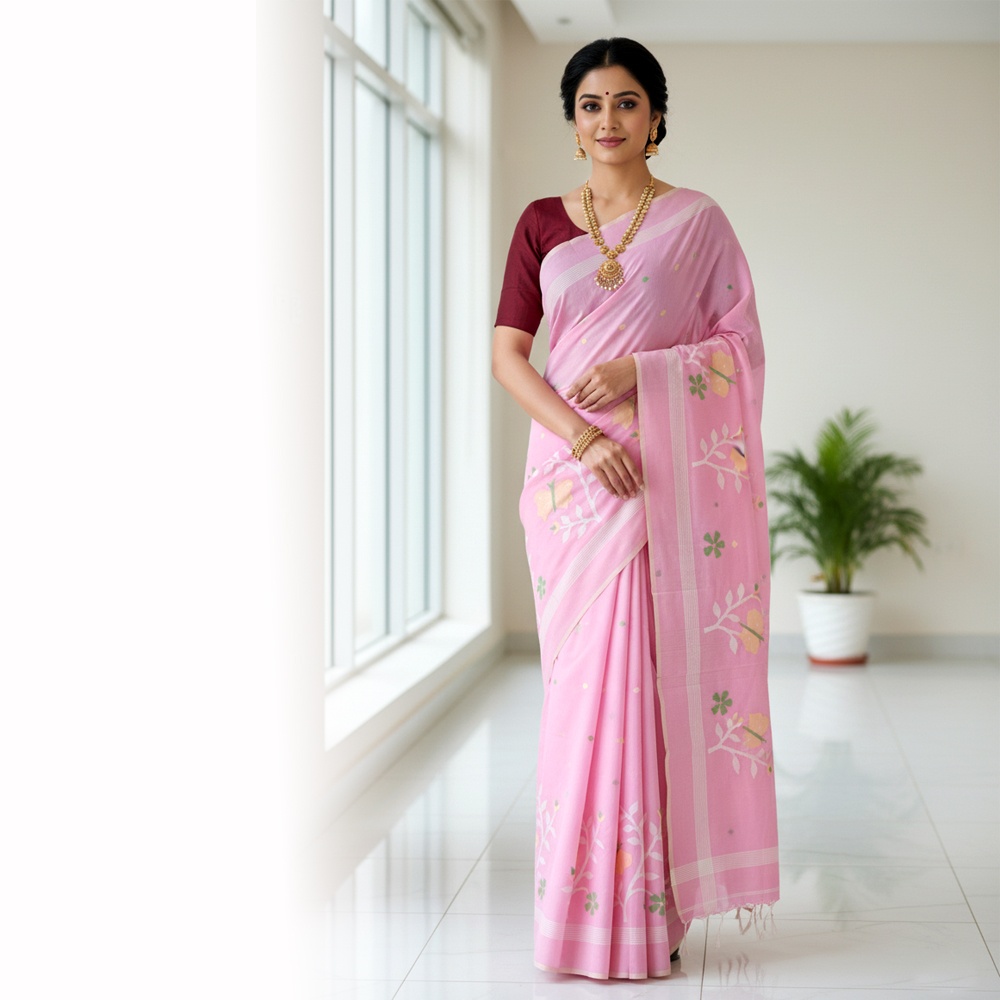 🌸 Dreamy Pink Malmal Cotton Jamdani Saree with Blouse Piece 🦋